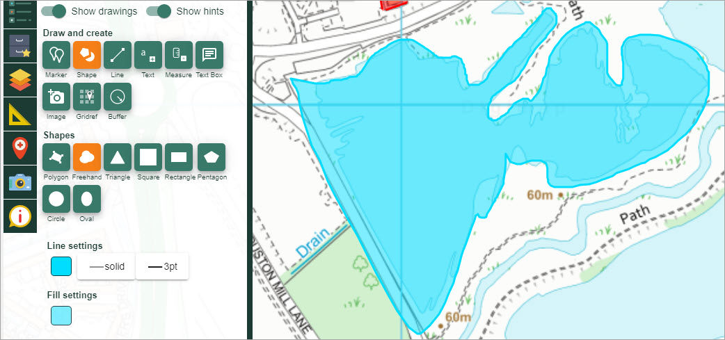 Draw freehand polygon option, with blue polygon drawn on map