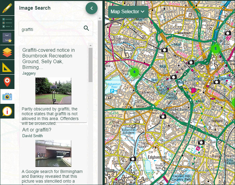 Image search tool with graffiti as keyword and map with image markers