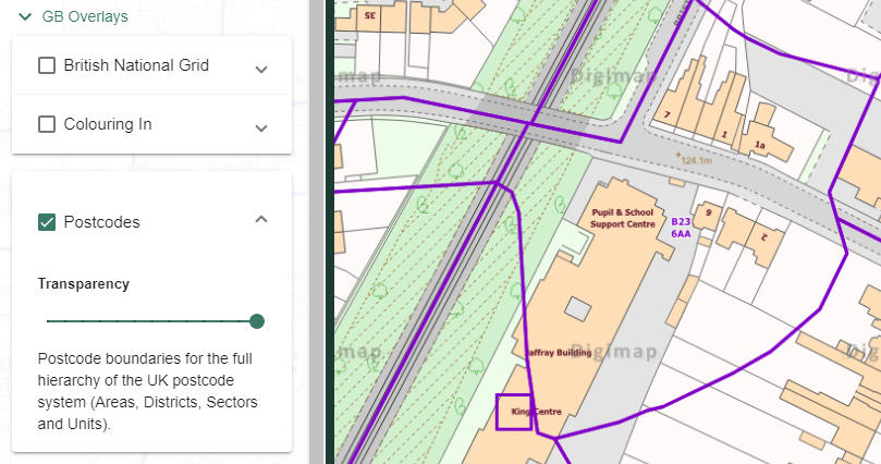 Overlays menu with postcodes selected