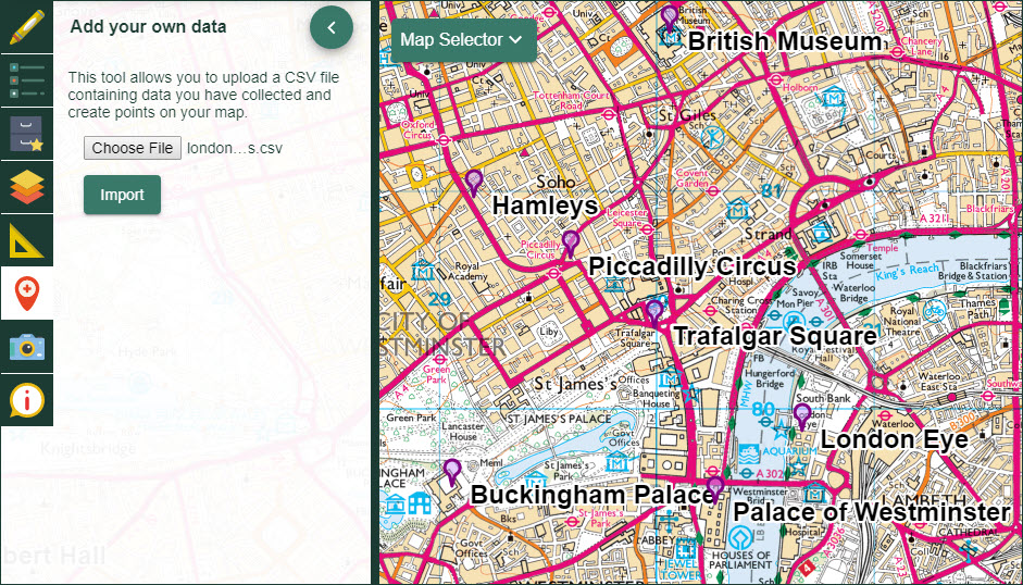 Map window showing imported points